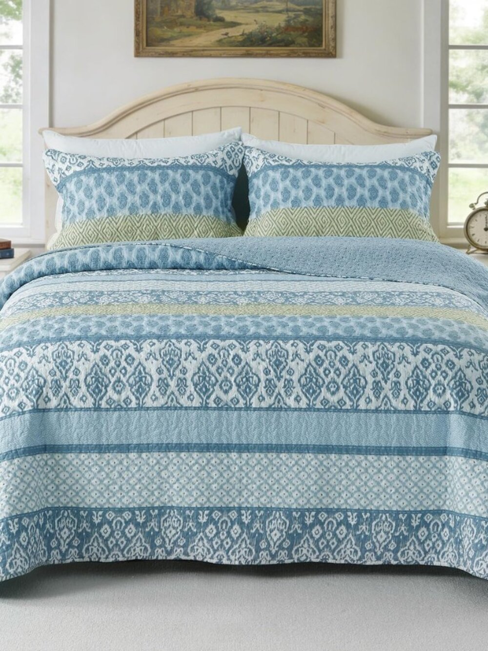 Queen Size Quilt Set, Blue Paisley Floral, Cotton Blend, 90" x 90"